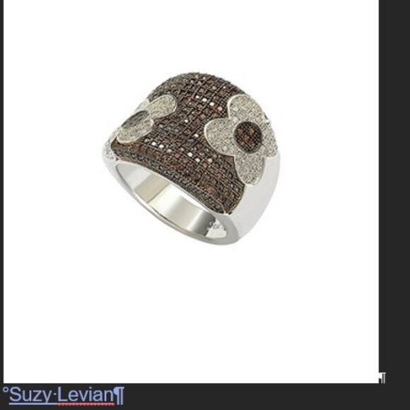 Suzy Levian Brown & White CZ Sterling Silver Floral Pavé-Set Ring - Size 6 - Picture 1 of 7